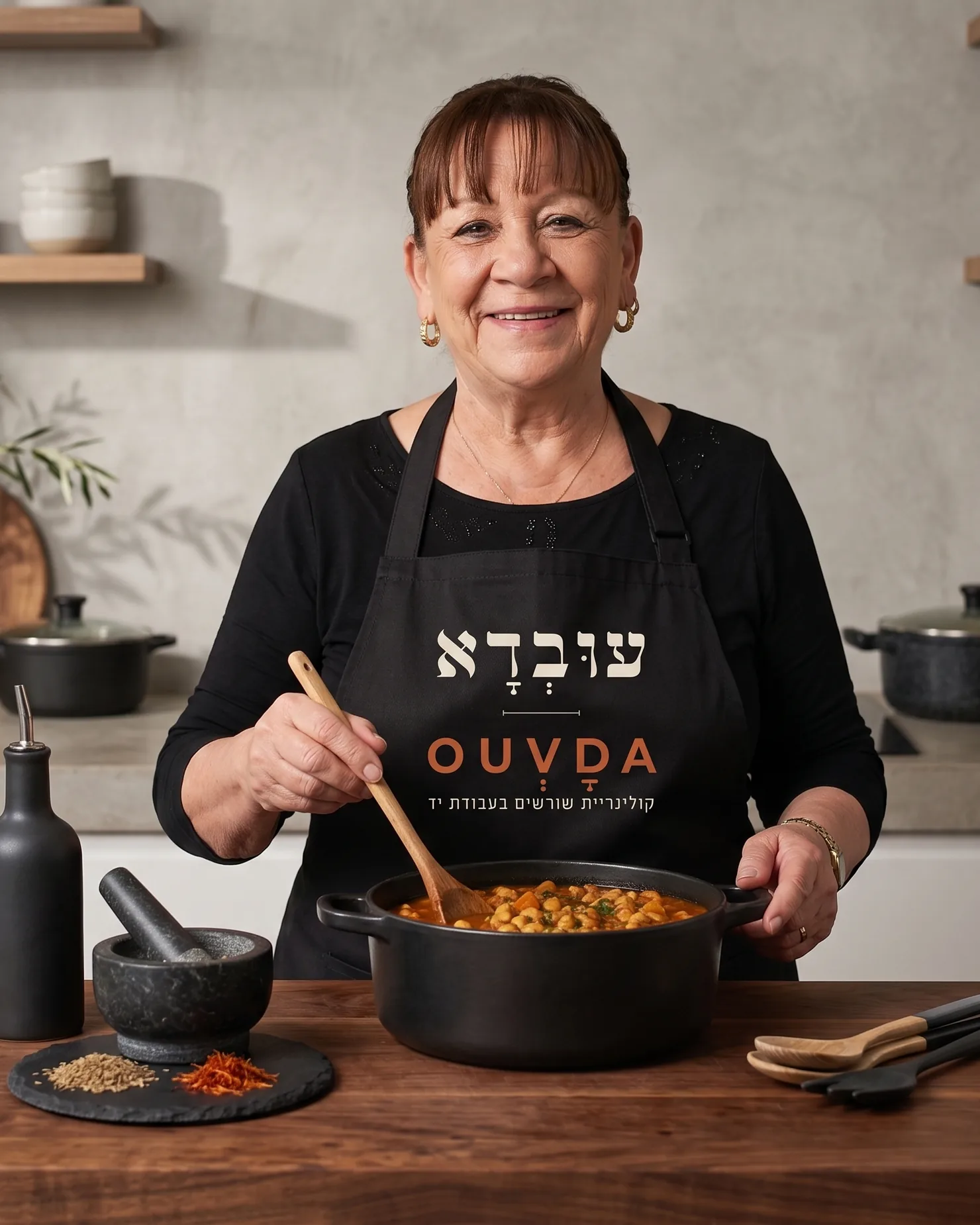 סבתא ציפורה ליד סיר במטבח, בסינר עוּבְדָא