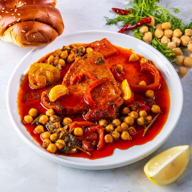 פילה דג ברוטב אדום עם גרגירי חומוס ופלפלים