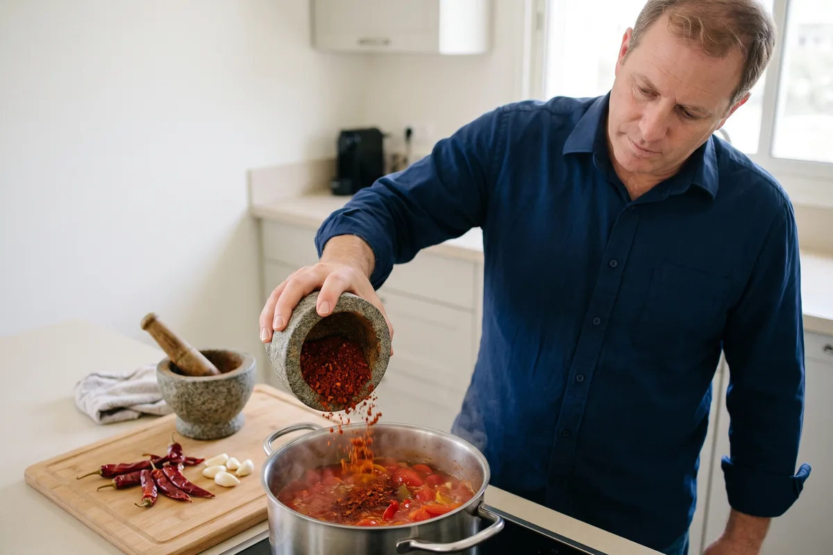 תבלין טחון טרי נכנס לסיר המטבוחה הביתית
